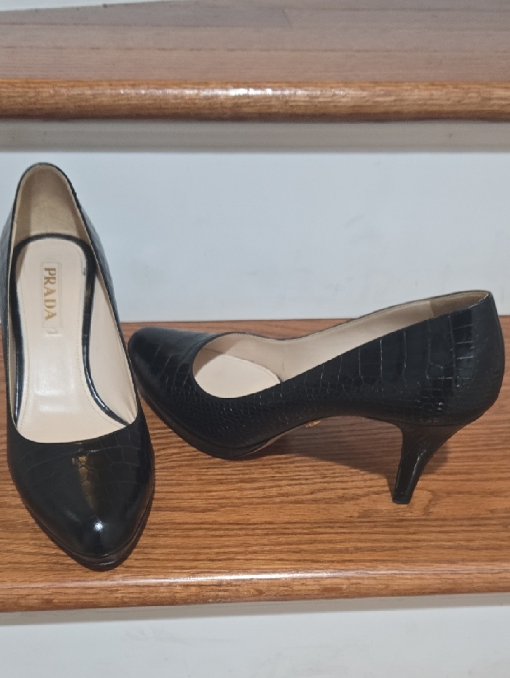 Prada Black Croc-Embossed Pointed Pumps - Picture 11 of 12